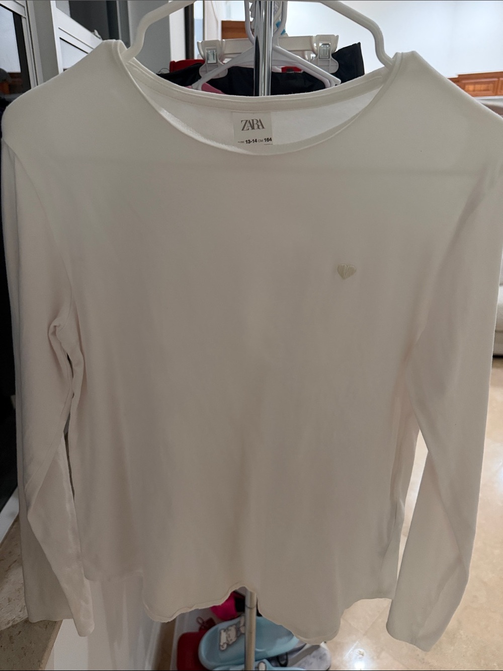 Zara Cream Long-Sleeve Crewneck Top with Subtle Heart Detail